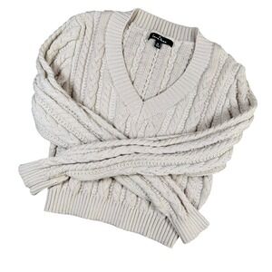 Love Tree W9092 Womens Size M Cream Beige Cable Knit Cropped V-Neck Sweater